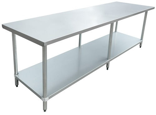 Omcan 18855 96 In. Elite Series Work Table, 18-Gauge 430 Stainless Steel Flat Top, Galvanized Undershelf