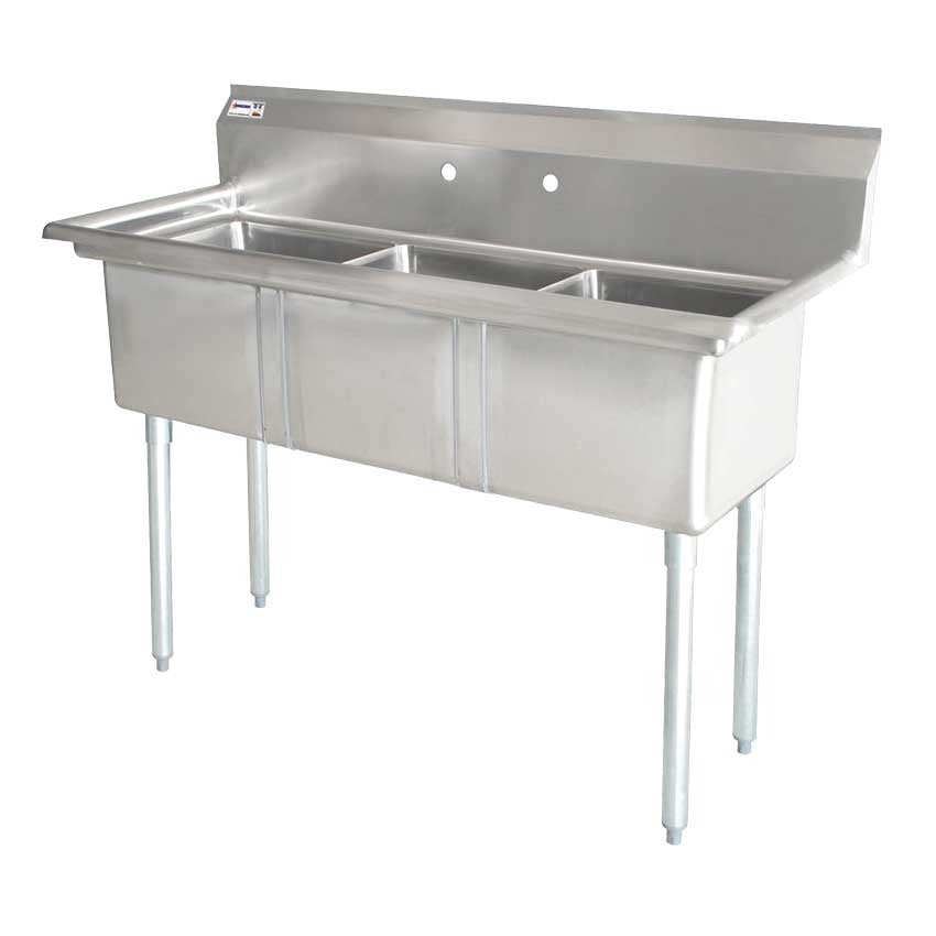 Omcan 22114 59 In. Three Compartment Pot Sink, 18 x 18 x 11 In. Bowls, Corner Drains, Drain Guards