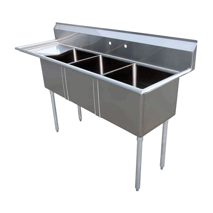 Omcan 22115 74-1/2 In. Three Compartment Pot Sink, 18 x 18 x 11 In. Bowls, Corner Drains, Left Drain Board