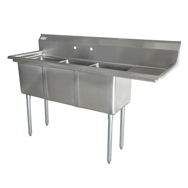 Omcan 22116 74-1/2 In. Three Compartment Pot Sink, 18 x 18 x 11 In. Bowls, Corner Drains, Right Drain Board