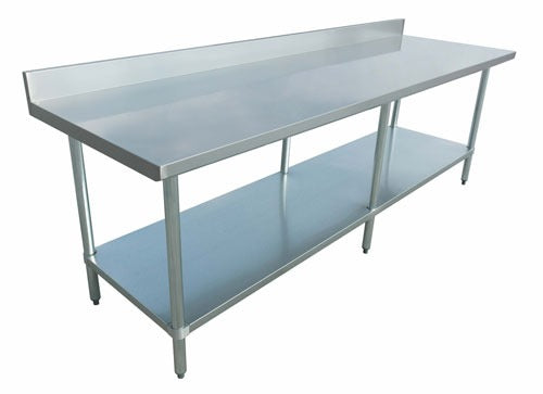 Omcan 23807 96 In. Elite Series Work Table, 18-Gauge 430 Stainless Steel Top, 4 In. Backsplash, Galvanized Undershelf