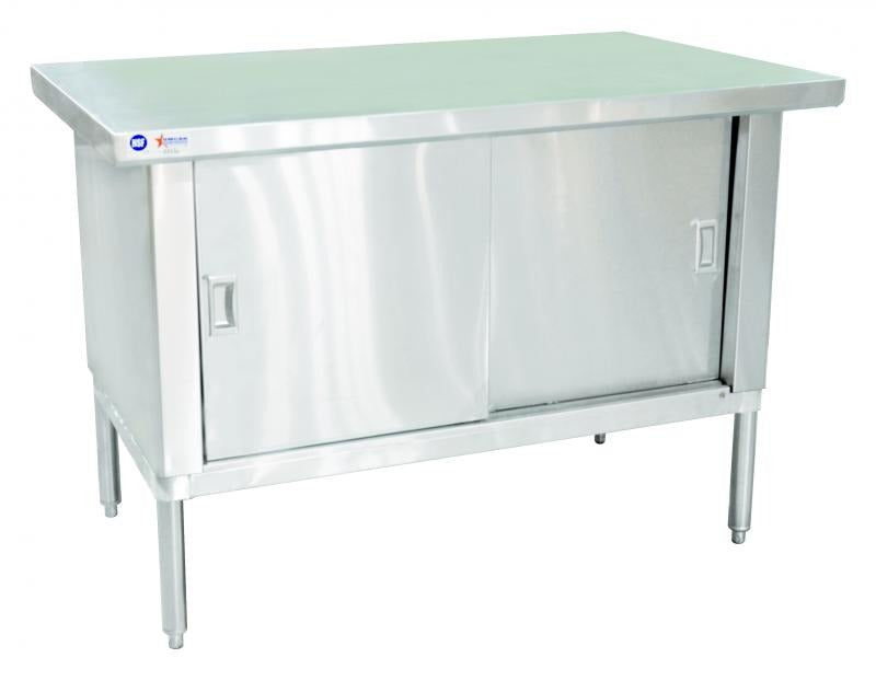 Omcan 24399 72 In. Cabinet Base Work Table, Sliding Doors, 430 Stainless Steel Flat Top, Overhang Edge