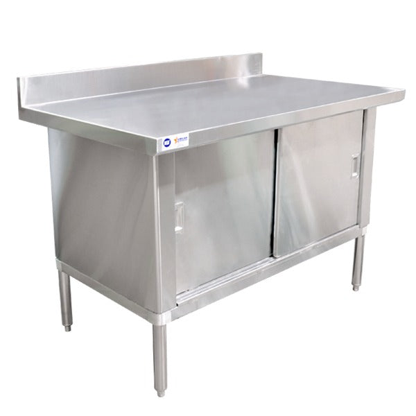 Omcan 24401 60 In. Cabinet Base Work Table, Sliding Doors, 304 Stainless Steel Flat Top, Overhang Edge