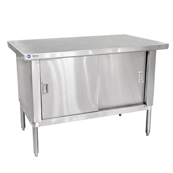 Omcan 24402 72 In. Cabinet Base Work Table, Sliding Doors, 304 Stainless Steel Flat Top, Overhang Edge