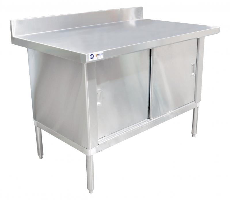 Omcan 24404 60 In. Cabinet Base Work Table, Sliding Doors, 430 Stainless Steel Top, 4 In. Backsplash