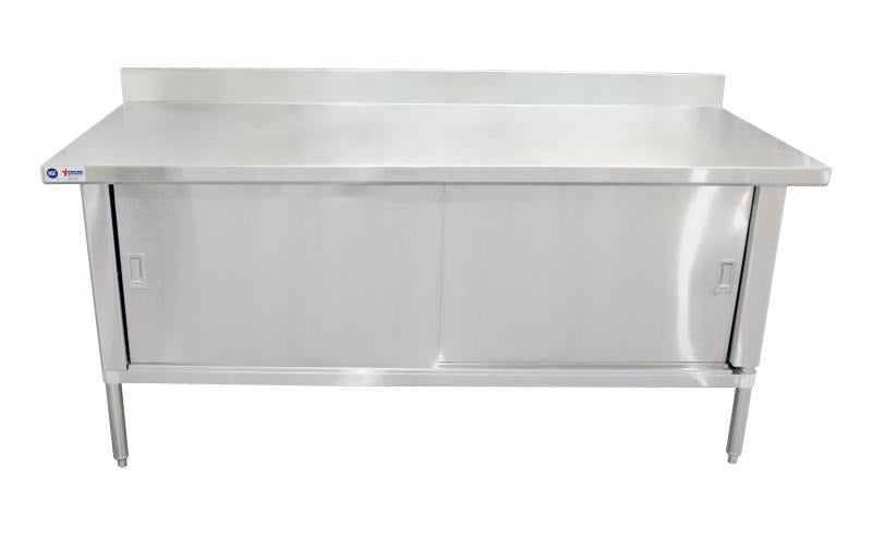 Omcan 24407 60 In. Cabinet Base Work Table, Sliding Doors, 304 Stainless Steel Top, 4 In. Backsplash