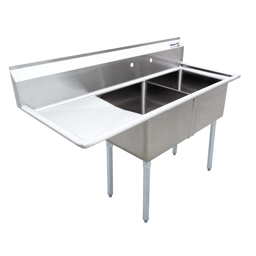 Omcan 25250 56-1/2 In. Two Compartment Pot Sink, 18 x 18 x 11 In. Bowls, Corner Drains, Left Drain Board