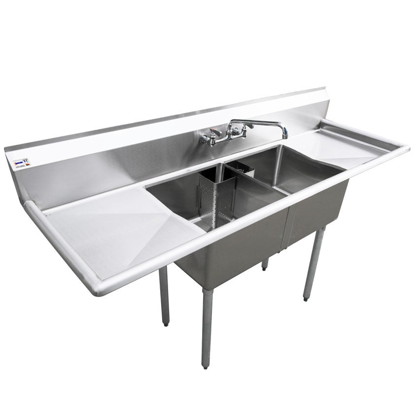 Omcan 25252 72 In. Two Compartment Pot Sink, 18 x 18 x 11 In. Bowls, Corner Drains, Two Drain Boards