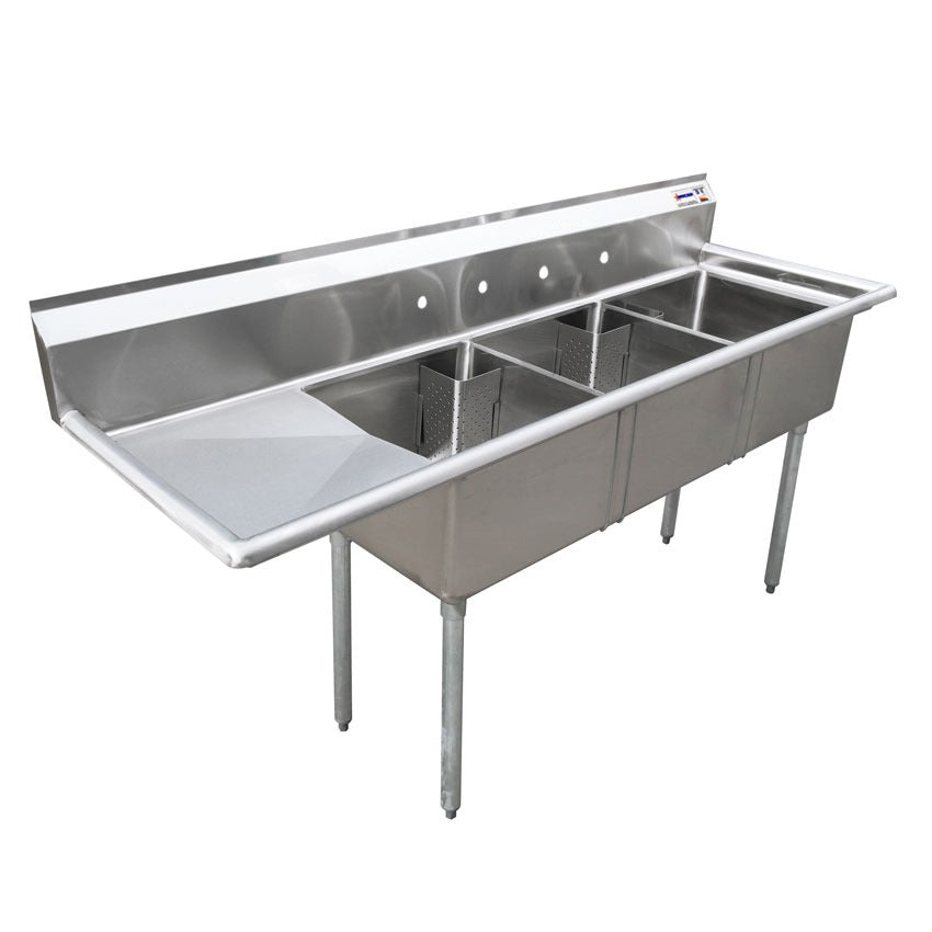 Omcan 25259 99 In. Three Compartment Pot Sink, 24 x 24 x 14 In. Bowls, Corner Drains, Left Drain Board