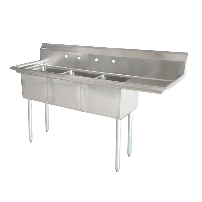 Omcan 25260 99 In. Three Compartment Pot Sink, 24 x 24 x 14 In. Bowls, Corner Drains, Right Drain Board