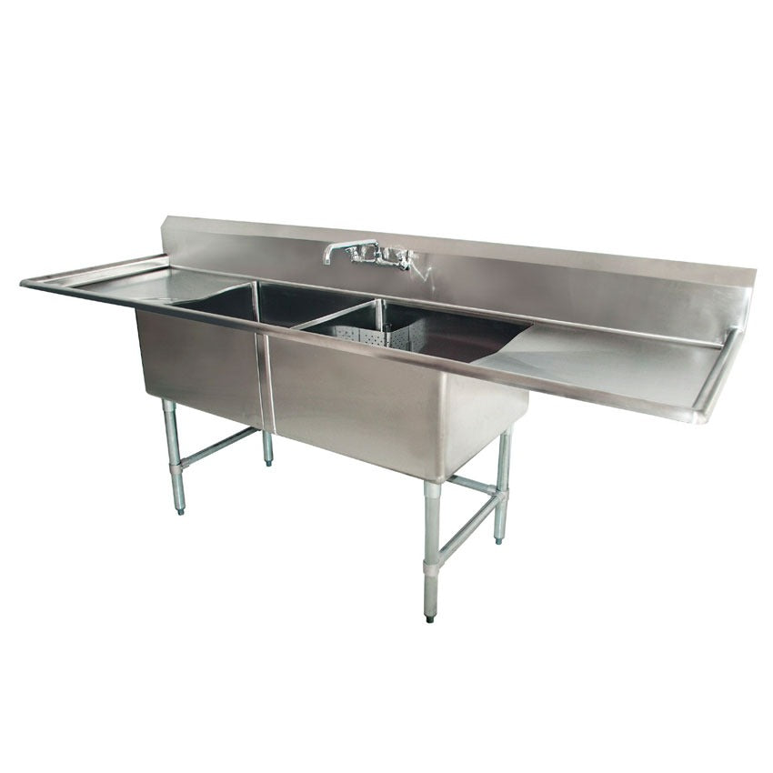 Omcan 25269 72 In. Two Compartment Pot Sink, 18 x 21 x 14 In. Bowls, Corner Drains, Two Drain Boards