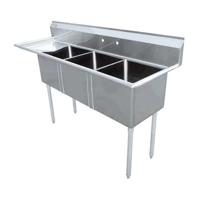 Omcan 25271 75 In. Three Compartment Pot Sink, 18 x 21 x 14 In. Bowls, Corner Drains, Left Drain Board