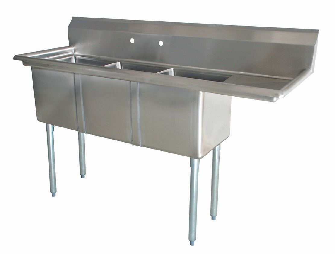 Omcan 25272 75 In. Three Compartment Pot Sink, 18 x 21 x 14 In. Bowls, Corner Drains, Right Drain Board