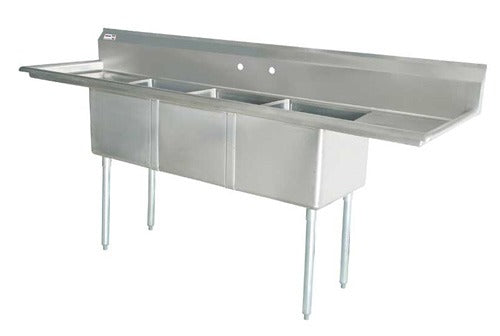 Omcan 25273 90 In. Three Compartment Pot Sink, 18 x 21 x 14 In. Bowls, Corner Drains, Two Drain Boards