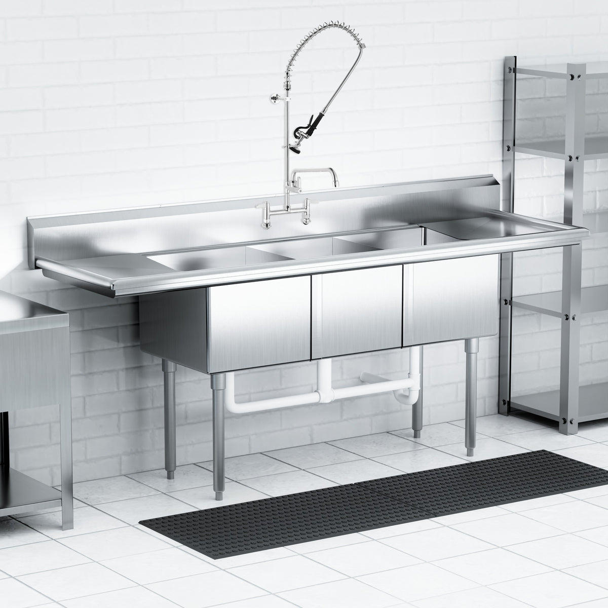 Omcan 25273 90 In. Three Compartment Pot Sink, 18 x 21 x 14 In. Bowls, Corner Drains, Two Drain Boards