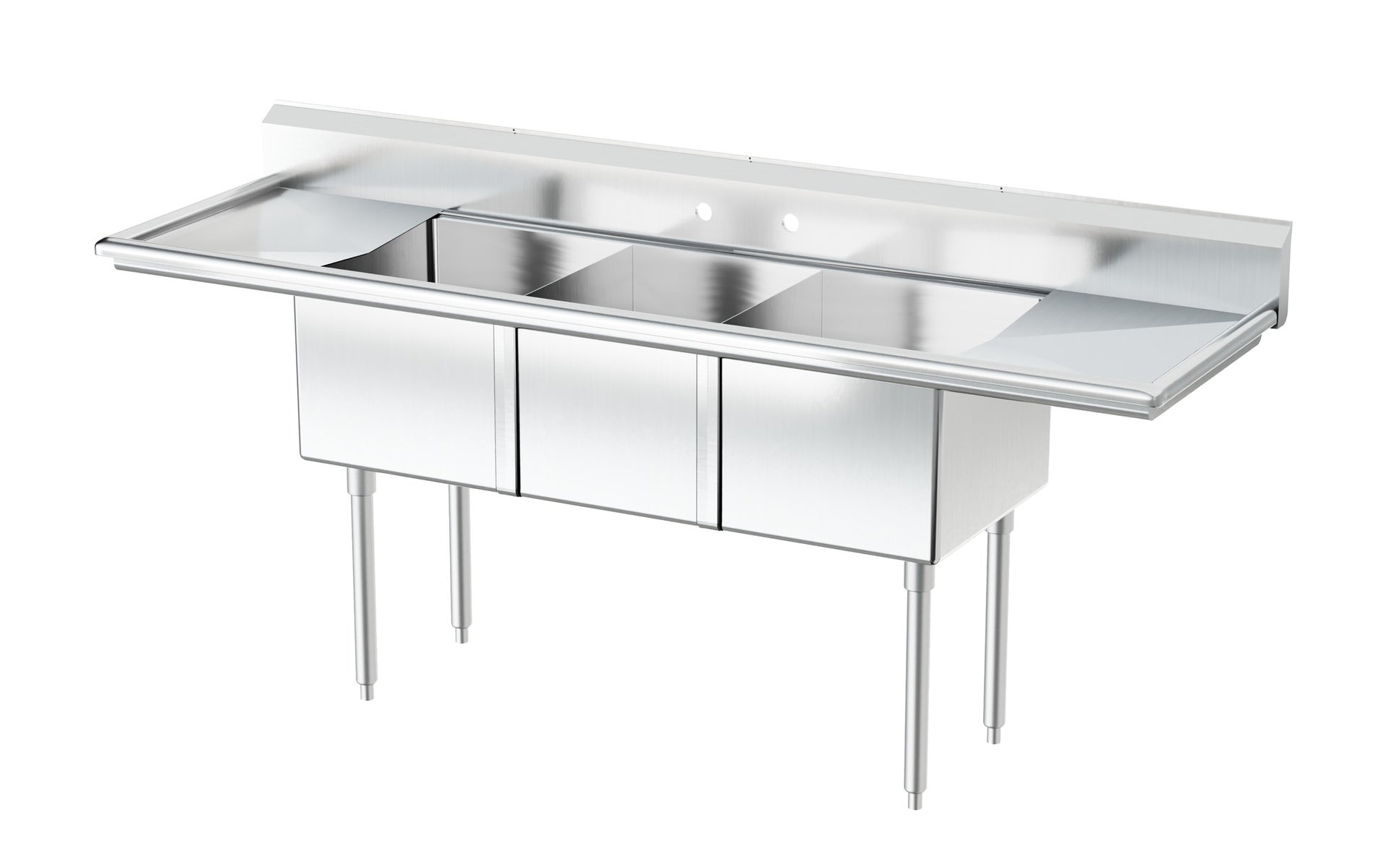 Omcan 25273 90 In. Three Compartment Pot Sink, 18 x 21 x 14 In. Bowls, Corner Drains, Two Drain Boards