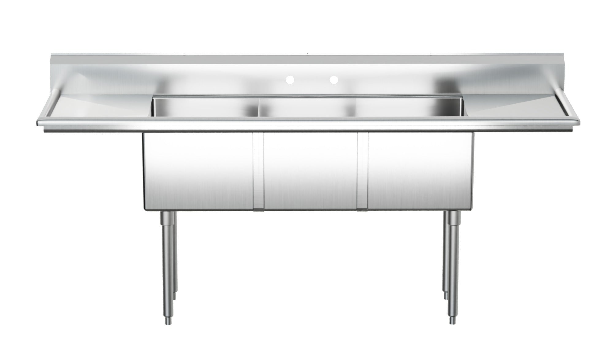 Omcan 25273 90 In. Three Compartment Pot Sink, 18 x 21 x 14 In. Bowls, Corner Drains, Two Drain Boards