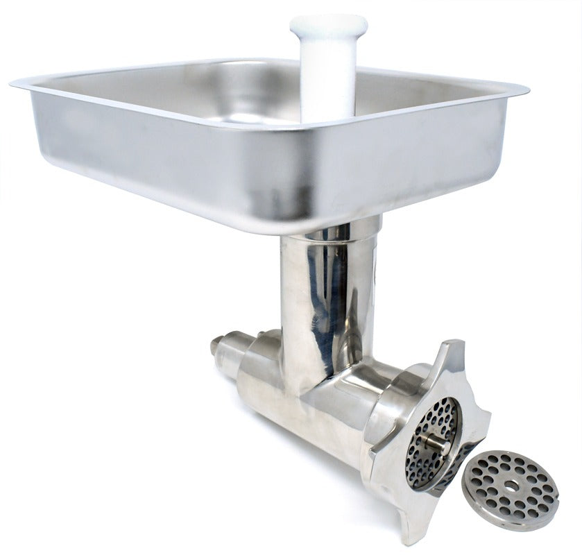 Omcan 27142 #12 Stainless Steel Grinder Head Attachment for Mixers, Complete Unit with Feed Pan and Stomper