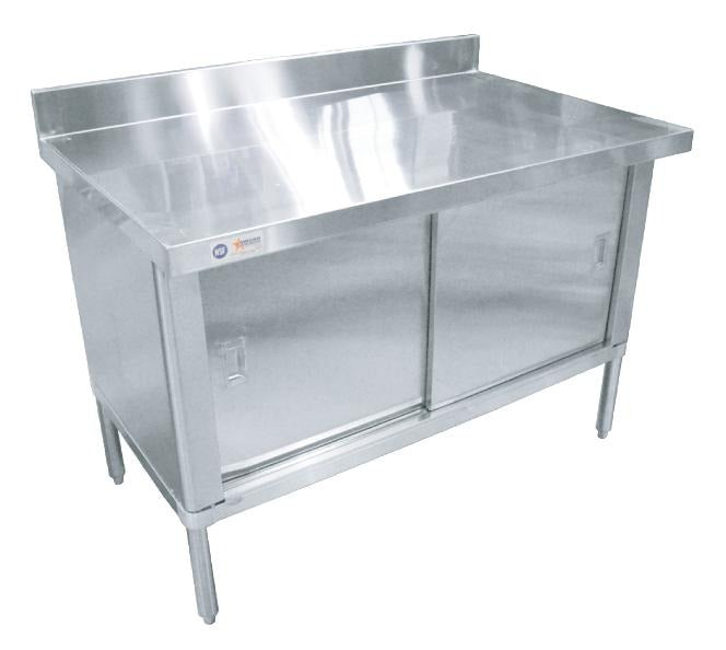 Omcan 28642 48 In. Cabinet Base Work Table, Sliding Doors, 430 Stainless Steel Top, 4 In. Backsplash