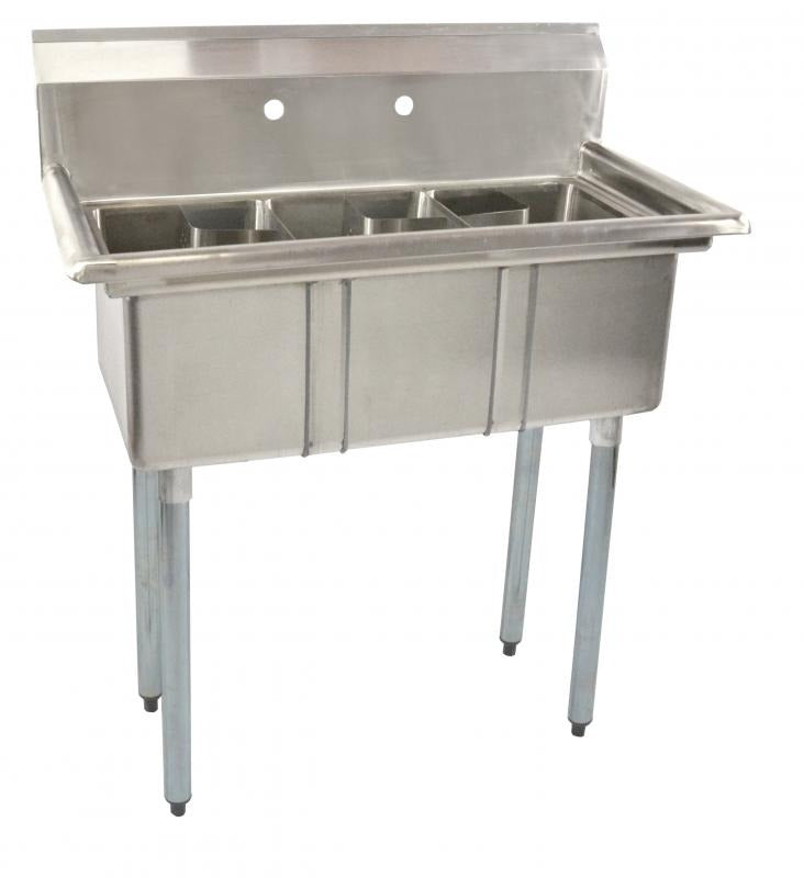 Omcan 39761 35 In. Space Saver Three Compartment Sink, 10 x 14 x 10 In. Bowls, Corner Drains, Drain Guards
