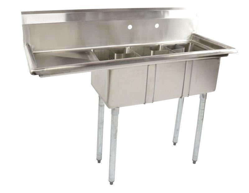 Omcan 39762 49 In. Space Saver Three Compartment Sink, 10 x 14 x 10 In. Bowls, Corner Drains, Left Drain Board