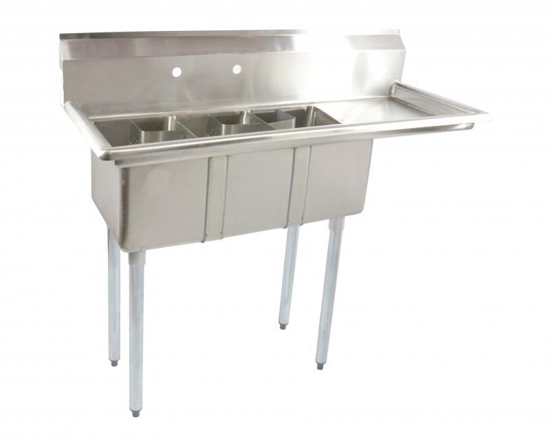 Omcan 39763 49 In. Space Saver Three Compartment Sink, 10 x 14 x 10 In. Bowls, Corner Drains, Right Drain Board