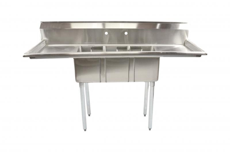 Omcan 39764 62 In. Space Saver Three Compartment Sink, 10 x 14 x 10 In. Bowls, Corner Drains, Two Drain Boards