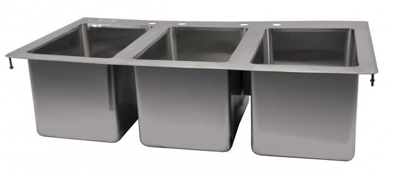 Omcan 39783 37 In. Three Compartment Drop-In Sink, 10 x 14 x 10 In. Bowls, Flat Top, Drain Baskets