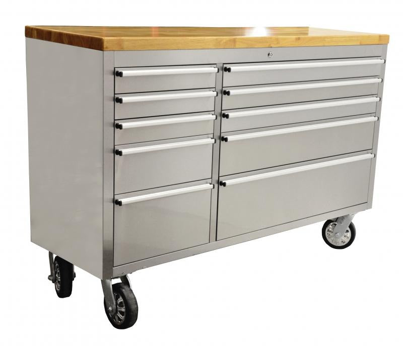 Omcan 40463 55 In. Mobile Work Bench, 10 Drawers, Rubberwood Top, Anti-Fingerprint 430 Stainless