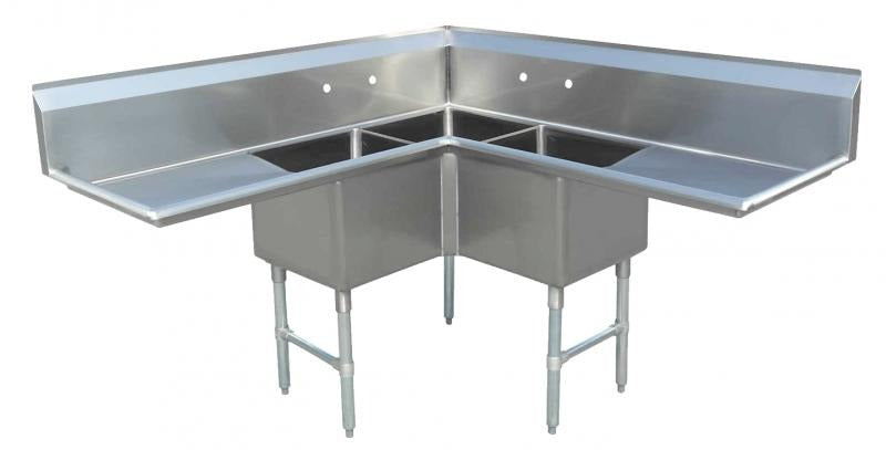 Omcan 43073 57 x 57 In. Corner Three Compartment Pot Sink, 18 x 18 x 14 In. Bowls, Center Drains, Two Drain Boards