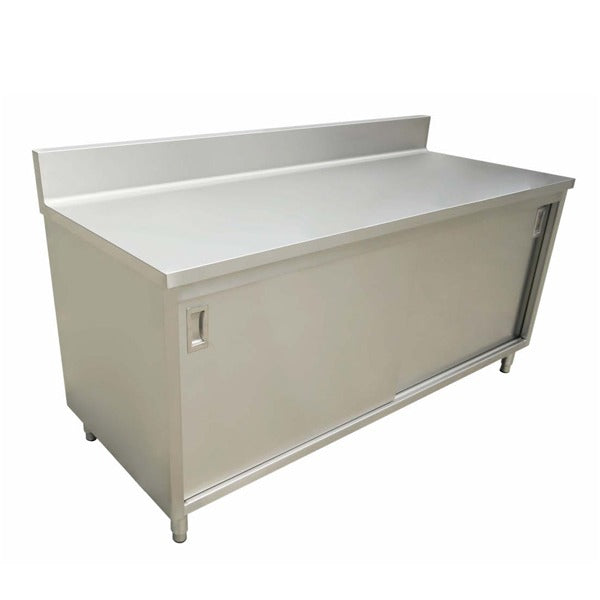 Omcan 43481 60 In. Cabinet Base Work Table, Sliding Doors, 430 Stainless Steel Top, 6 In. Backsplash