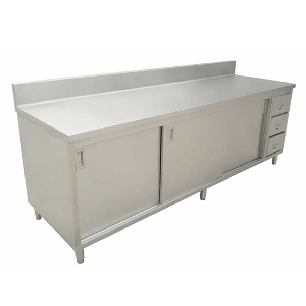Omcan 43484 60 In. Cabinet Base Work Table, Sliding Doors, 3 Locking Drawers, 6 In. Backsplash