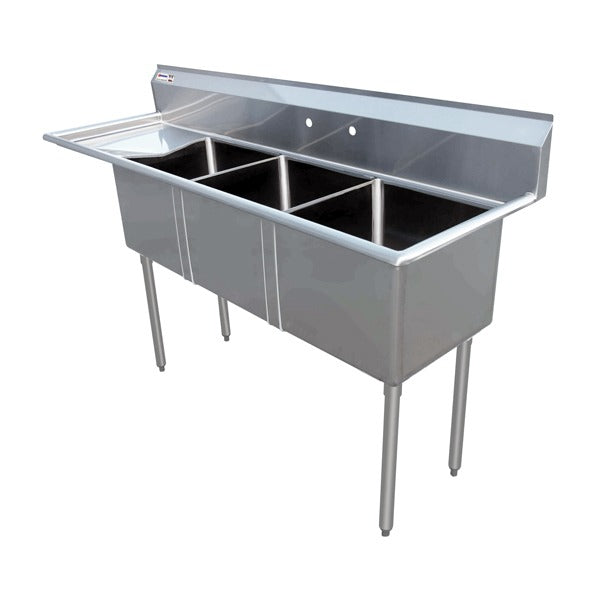 Omcan 43755 49 In. Three Compartment Sink, 10 x 14 x 10 In. Bowls, Center Drains, Left Drain Board