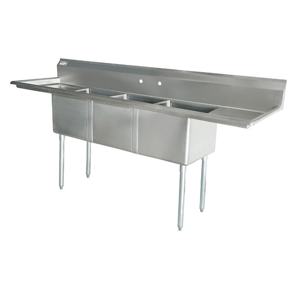 Omcan 43756 62 In. Three Compartment Sink, 10 x 14 x 10 In. Bowls, Center Drains, Two Drain Boards