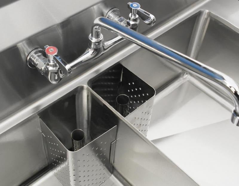 Omcan 43776 59 In. Three Compartment Pot Sink, 18 x 21 x 14 In. Bowls, Center Drains, Drain Guards