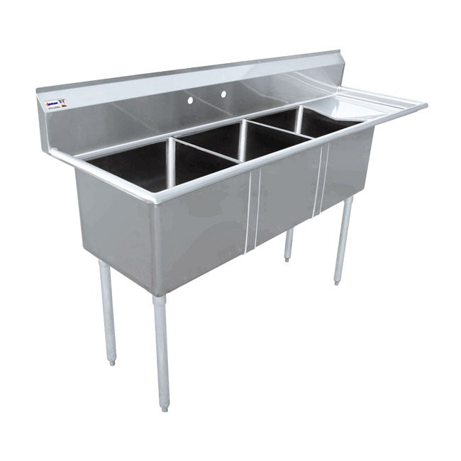 Omcan 43777 74-1/2 In. Three Compartment Pot Sink, 18 x 21 x 14 In. Bowls, Center Drains, Right Drain Board