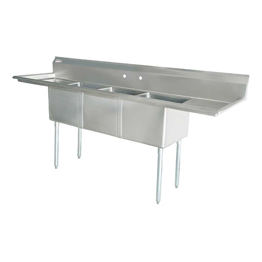 Omcan 43778 90 In. Three Compartment Pot Sink, 18 x 21 x 14 In. Bowls, Center Drains, Two Drain Boards
