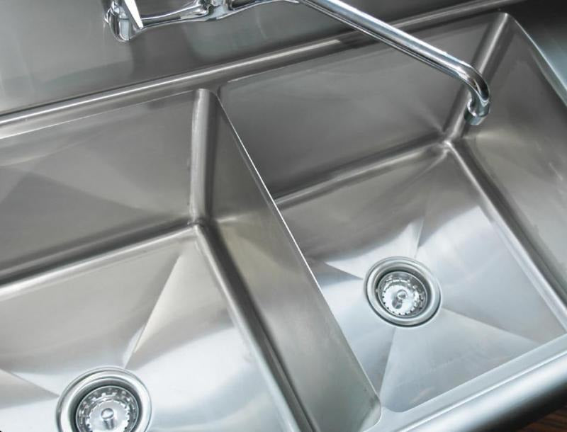 Omcan 43792 75 In. Two Compartment Pot Sink, 24 x 24 x 14 In. Bowls, Center Drains, Right Drain Board