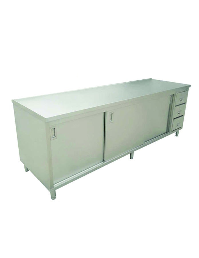Omcan 44191 72 In. Cabinet Base Work Table, Sliding Doors, Drawers, 430 Stainless Steel Flat Top, Intermediate Shelf