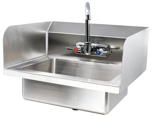 Omcan 44586 18 In. Wall Mount Hand Sink with Side Splashes, 14 x 10 In. Bowl, Gooseneck Faucet