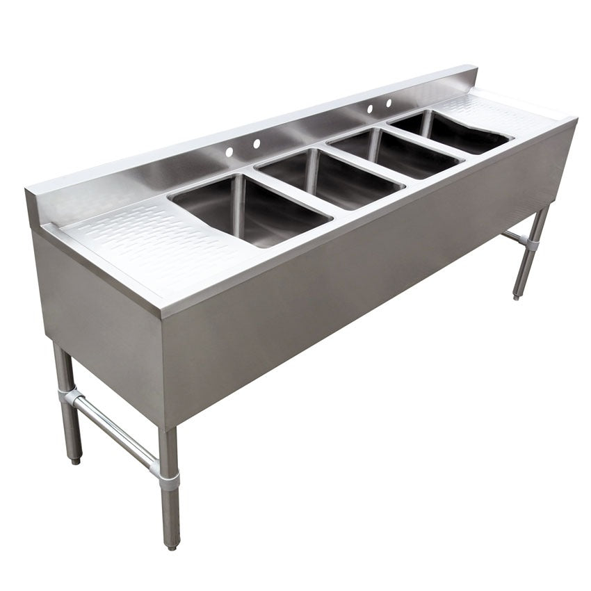 Omcan 44603 72 In. Four Compartment Underbar Sink, Two 13 In. Drain Boards, Four Faucet Holes