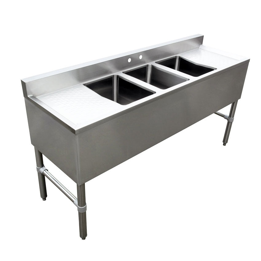Omcan 44627 72 In. Three Compartment Underbar Sink, Two 19 In. Drain Boards, 3 In. Backsplash