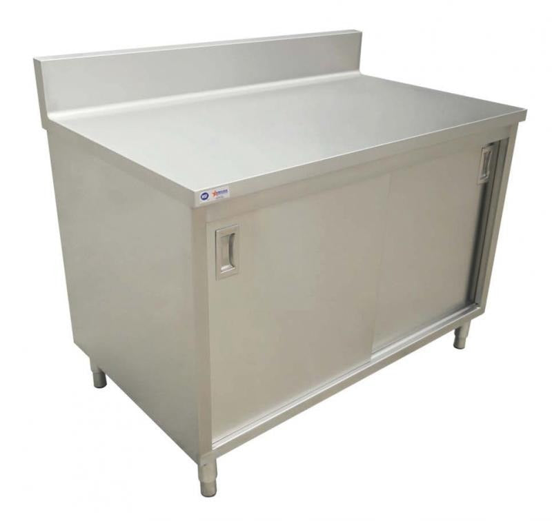 Omcan 45281 48 In. Cabinet Base Work Table, Sliding Doors, 430 Stainless Steel Top, 6 In. Backsplash