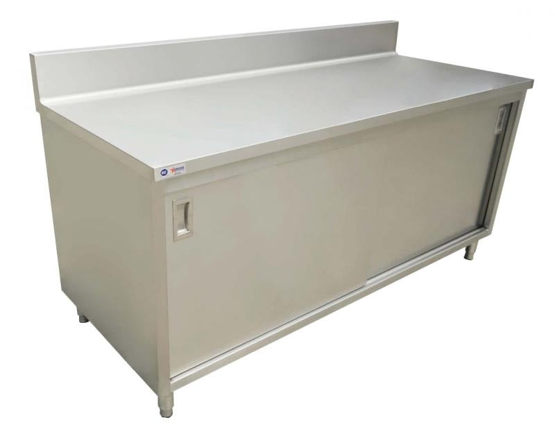 Omcan 45283 72 In. Cabinet Base Work Table, Sliding Doors, 430 Stainless Steel Top, 6 In. Backsplash