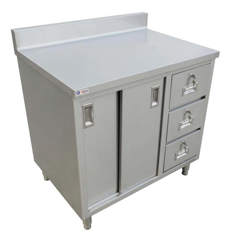 Omcan 45284 48 In. Cabinet Base Work Table, Sliding Doors, 3 Drawers, 430 Stainless Steel Top, 6 In. Backsplash