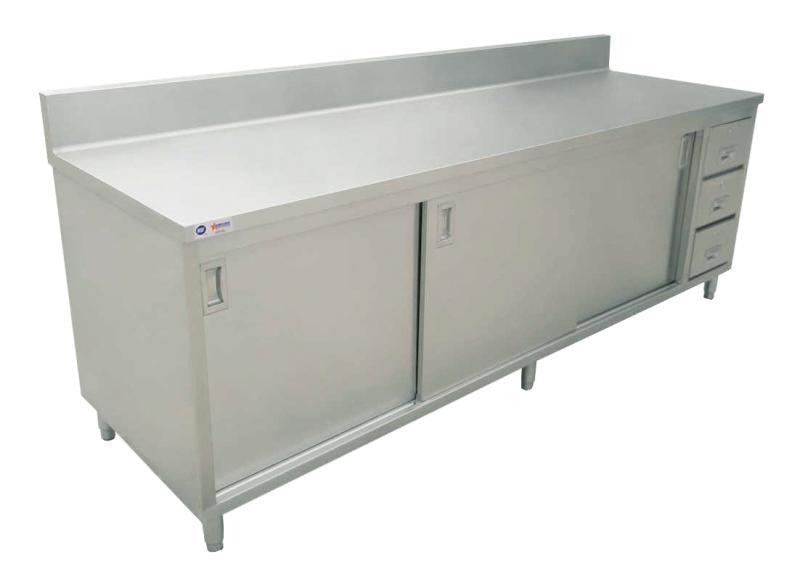 Omcan 45286 72 In. Cabinet Base Work Table, Sliding Doors, 3 Drawers, 430 Stainless Steel Top, 6 In. Backsplash