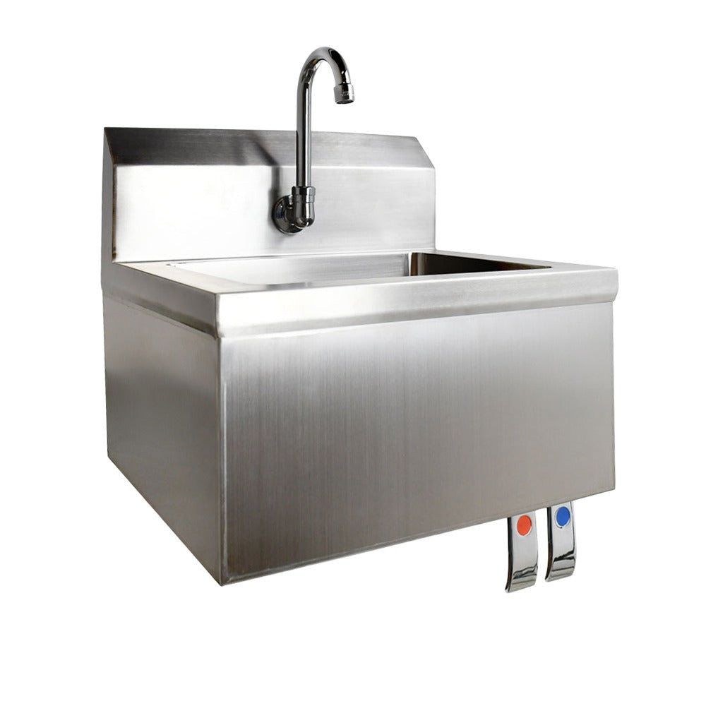 Omcan 46319 18 In. Wall Mount Hand Sink with Knee Valve Assembly, 14 x 10 In. Bowl, Gooseneck Faucet