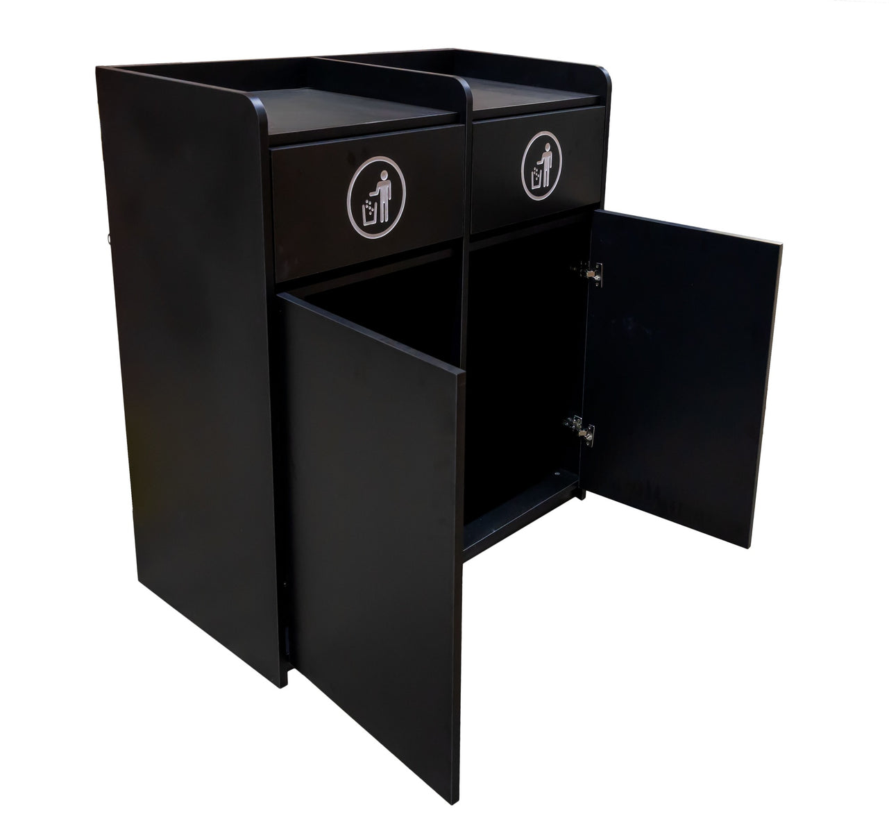 Omcan 48220 44 In. Double Trash Receptacle, Two 36 Gallon Bins, Two Swing Doors, Black