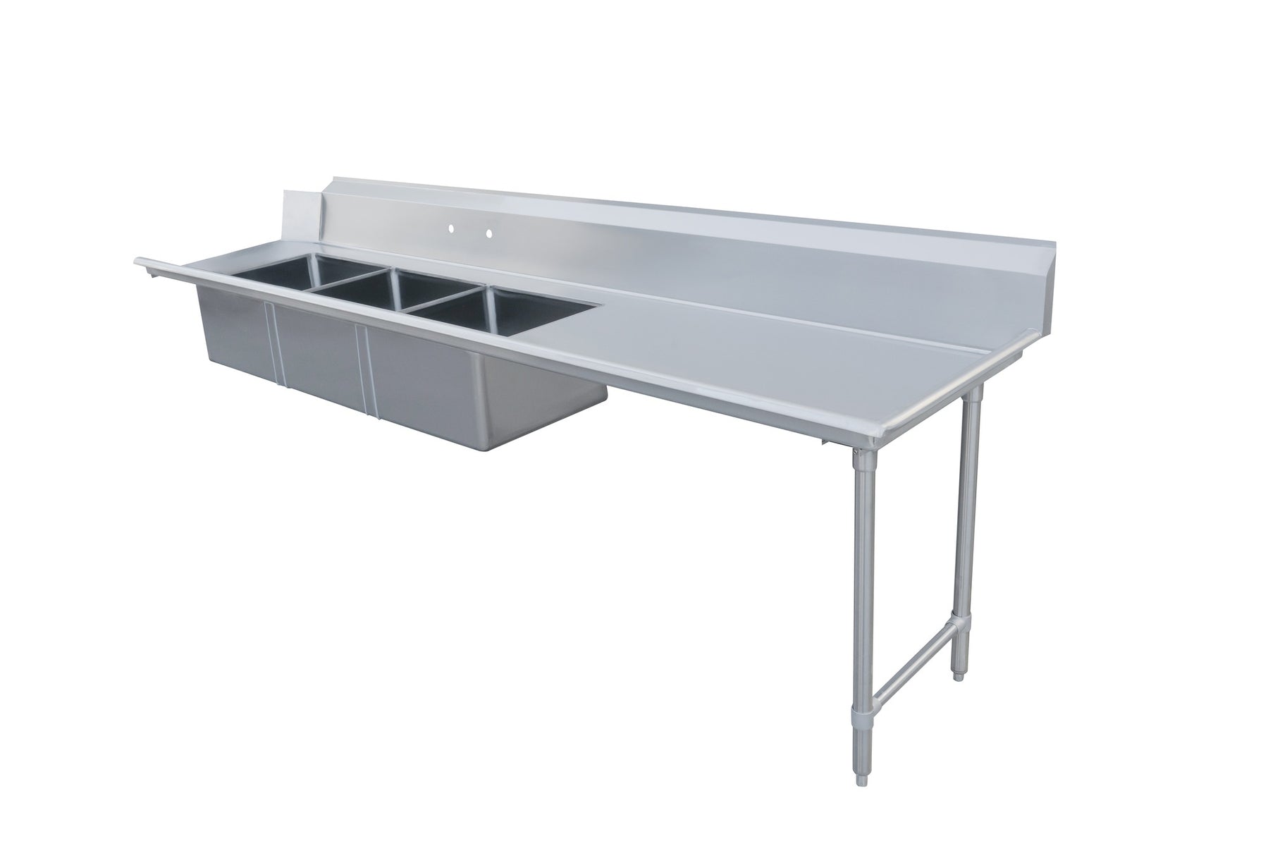 Omcan 48500 96 In. Right Side Soiled Dish Table with Three Pre-Rinse Sinks, 16-Gauge 304 Stainless Steel, 10-3/4 In. Backsplash