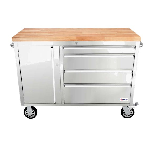 Omcan 48592 48 In. Mobile Work Bench, 4 Drawers and Door Bay, Rubberized Wood Top, 430 Stainless